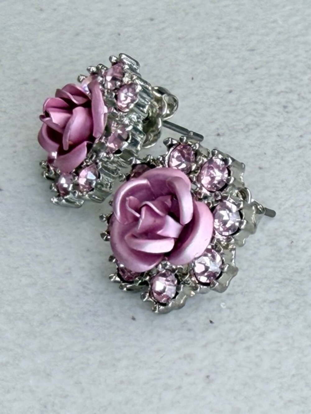 Vintage Rose & Crystal Stud Earrings 1960s Pink Floral Rhinestone Jewelry - Picture 2 of 4
